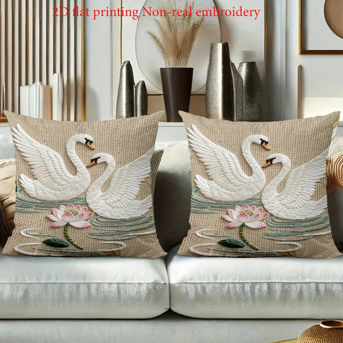 Kissenbezug – Jutestil – 45x45cm Gestickter Schwan