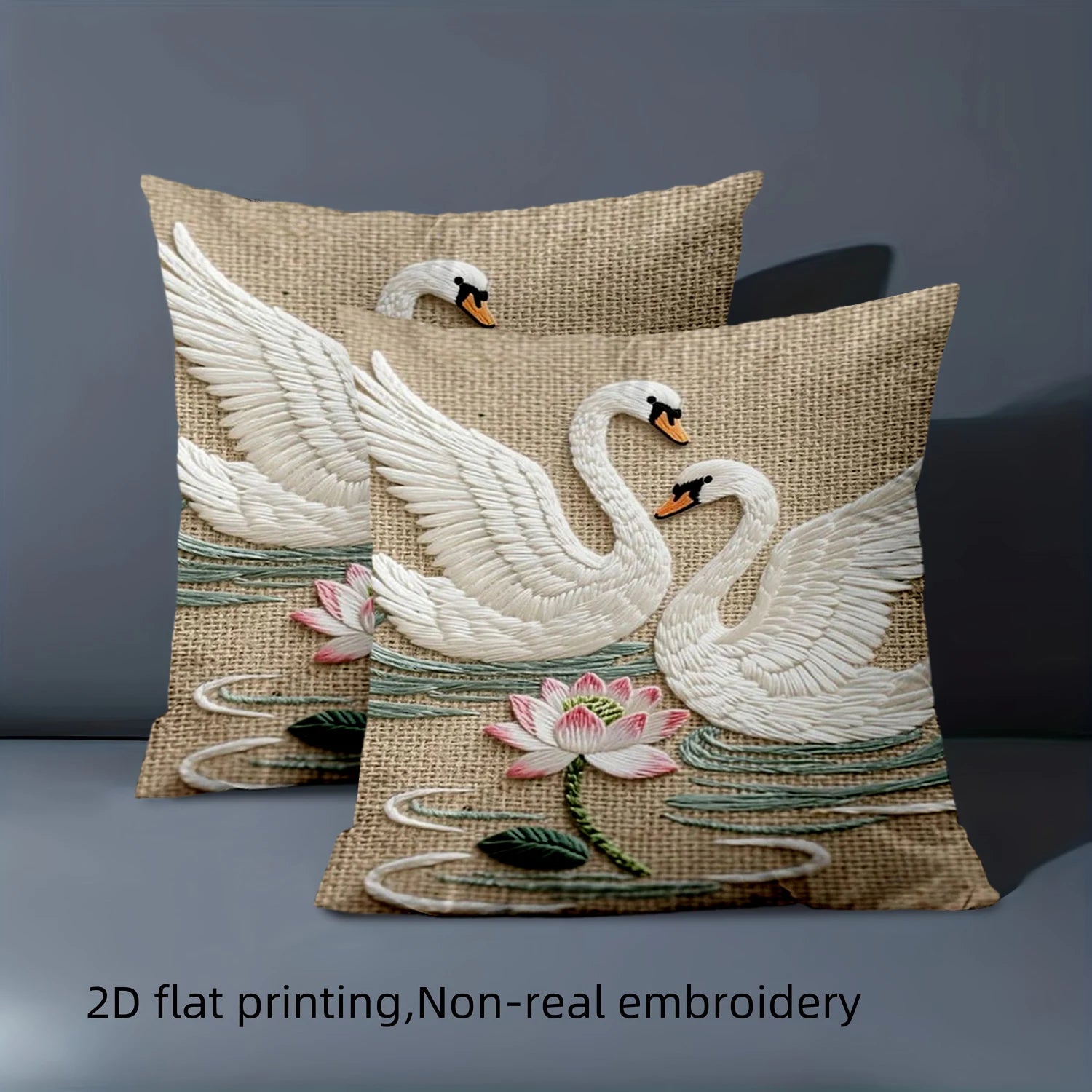 Kissenbezug – Jutestil – 45x45cm Gestickter Schwan