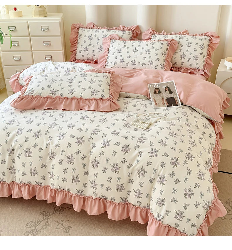 Koreanisches Bettwäsche-Set – Blumen Spitzenrüschen – Mikrofaser 200x230cm