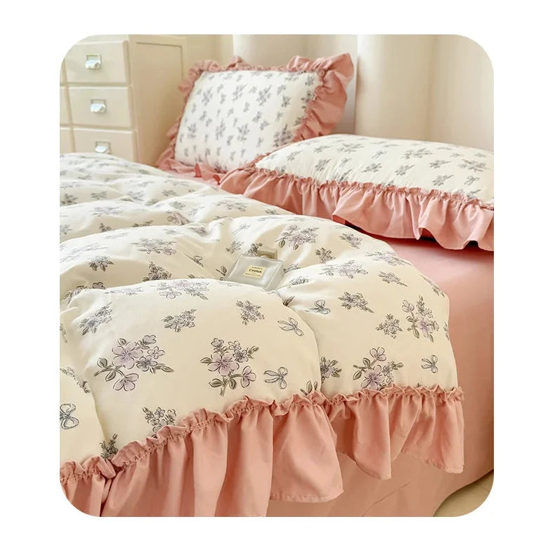 Koreanisches Bettwäsche-Set – Blumen Spitzenrüschen – Mikrofaser 200x230cm