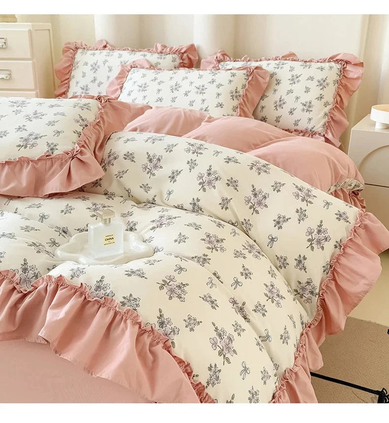 Koreanisches Bettwäsche-Set – Blumen Spitzenrüschen – Mikrofaser 200x230cm