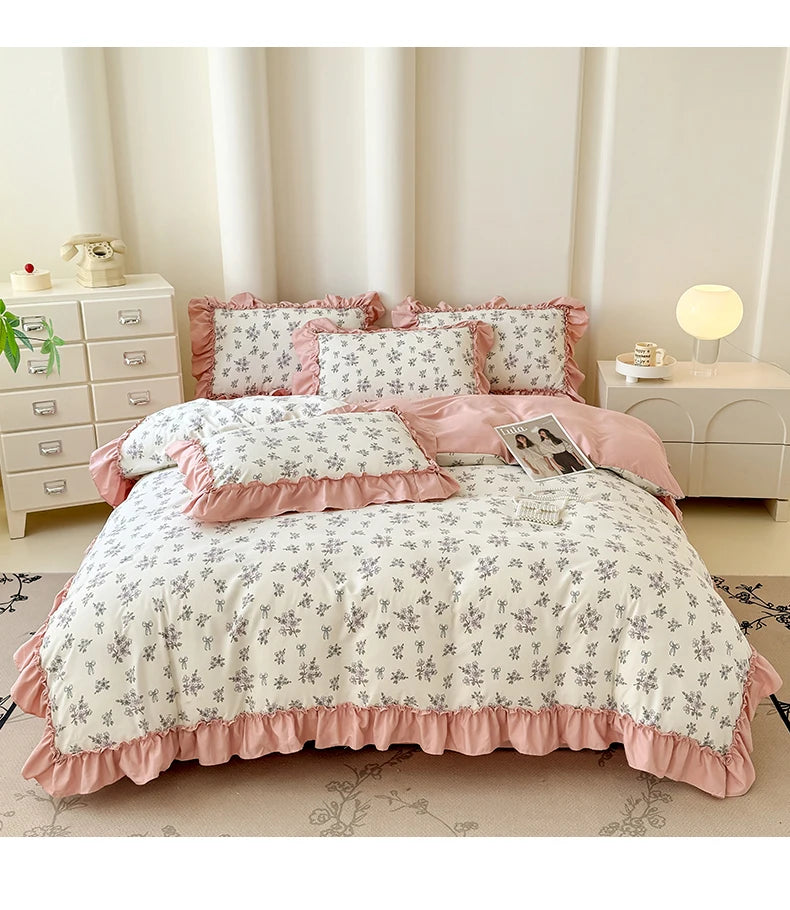 Koreanisches Bettwäsche-Set – Blumen Spitzenrüschen – Mikrofaser 200x230cm