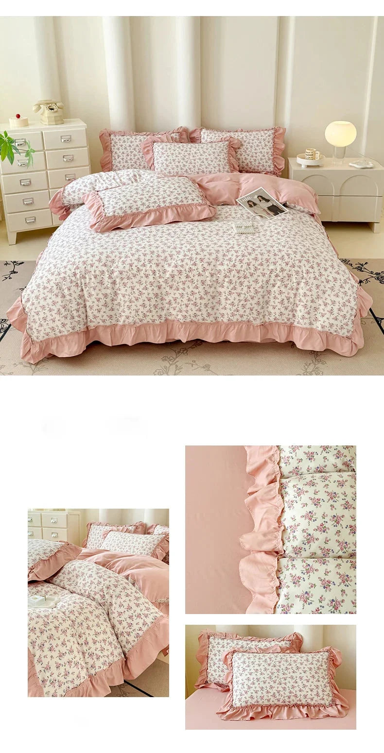 Koreanisches Bettwäsche-Set – Blumen Spitzenrüschen – Mikrofaser 200x230cm