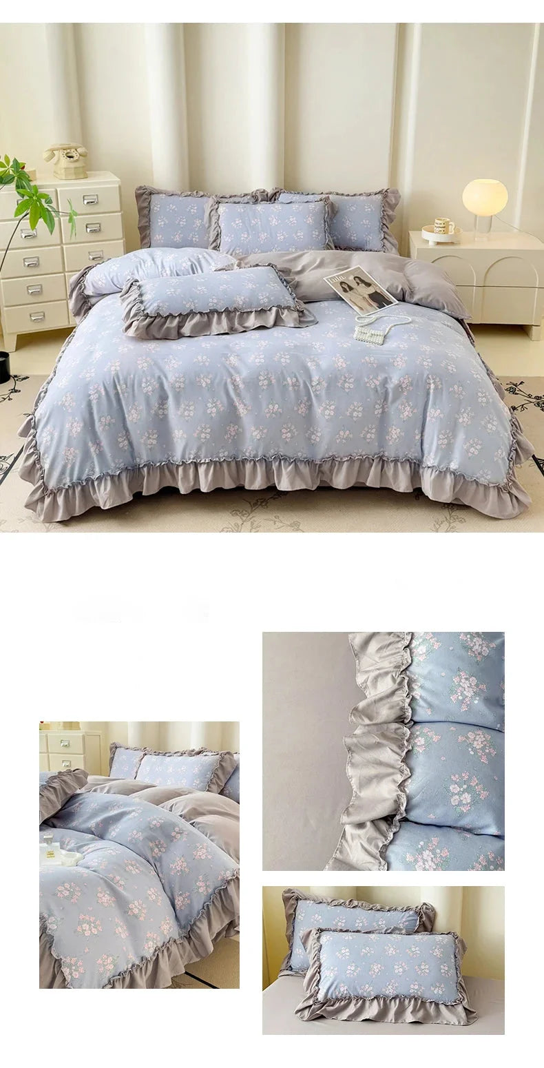 Koreanisches Bettwäsche-Set – Blumen Spitzenrüschen – Mikrofaser 200x230cm