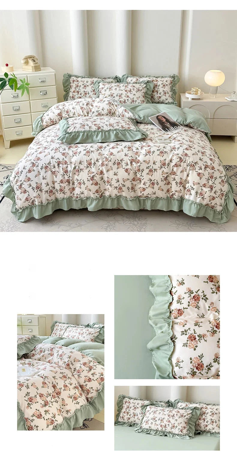 Koreanisches Bettwäsche-Set – Blumen Spitzenrüschen – Mikrofaser 200x230cm