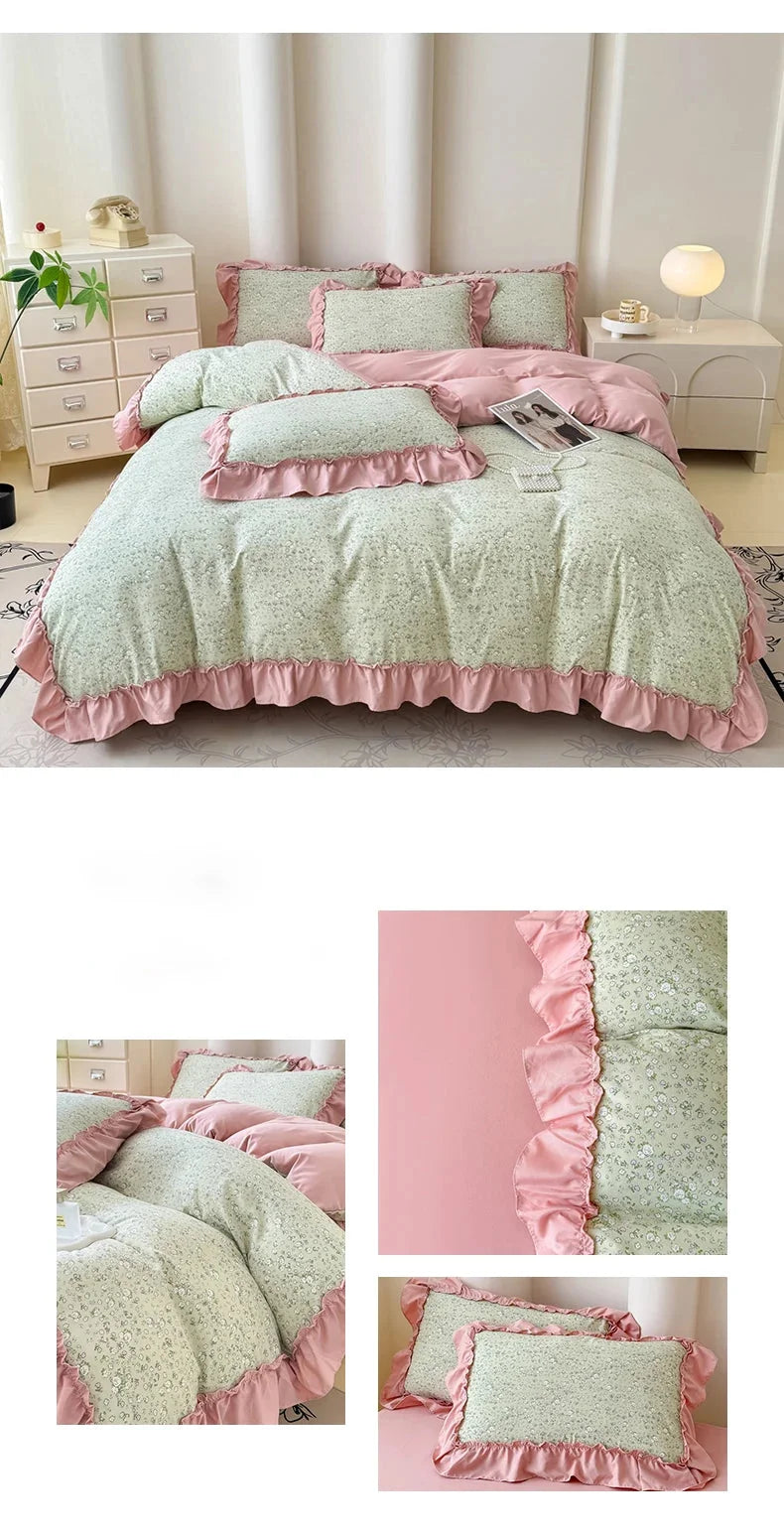 Koreanisches Bettwäsche-Set – Blumen Spitzenrüschen – Mikrofaser 200x230cm