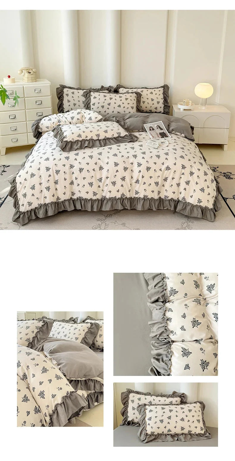 Koreanisches Bettwäsche-Set – Blumen Spitzenrüschen – Mikrofaser 200x230cm