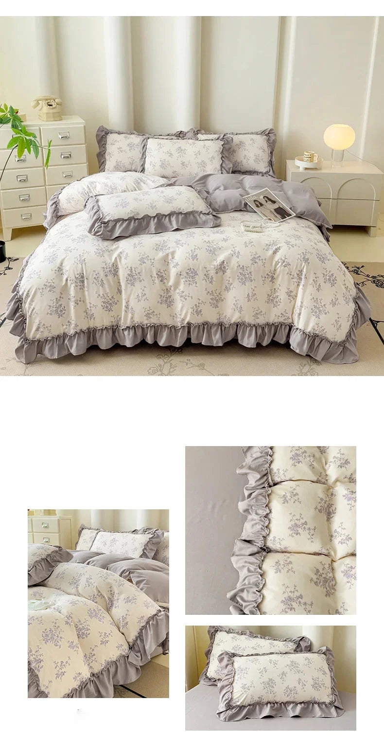 Koreanisches Bettwäsche-Set – Blumen Spitzenrüschen – Mikrofaser 200x230cm