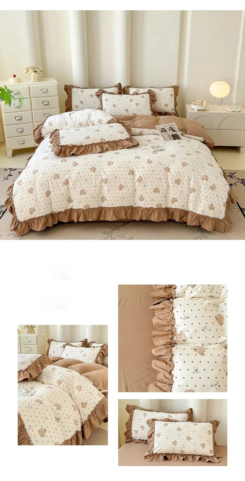 Koreanisches Bettwäsche-Set – Blumen Spitzenrüschen – Mikrofaser 200x230cm