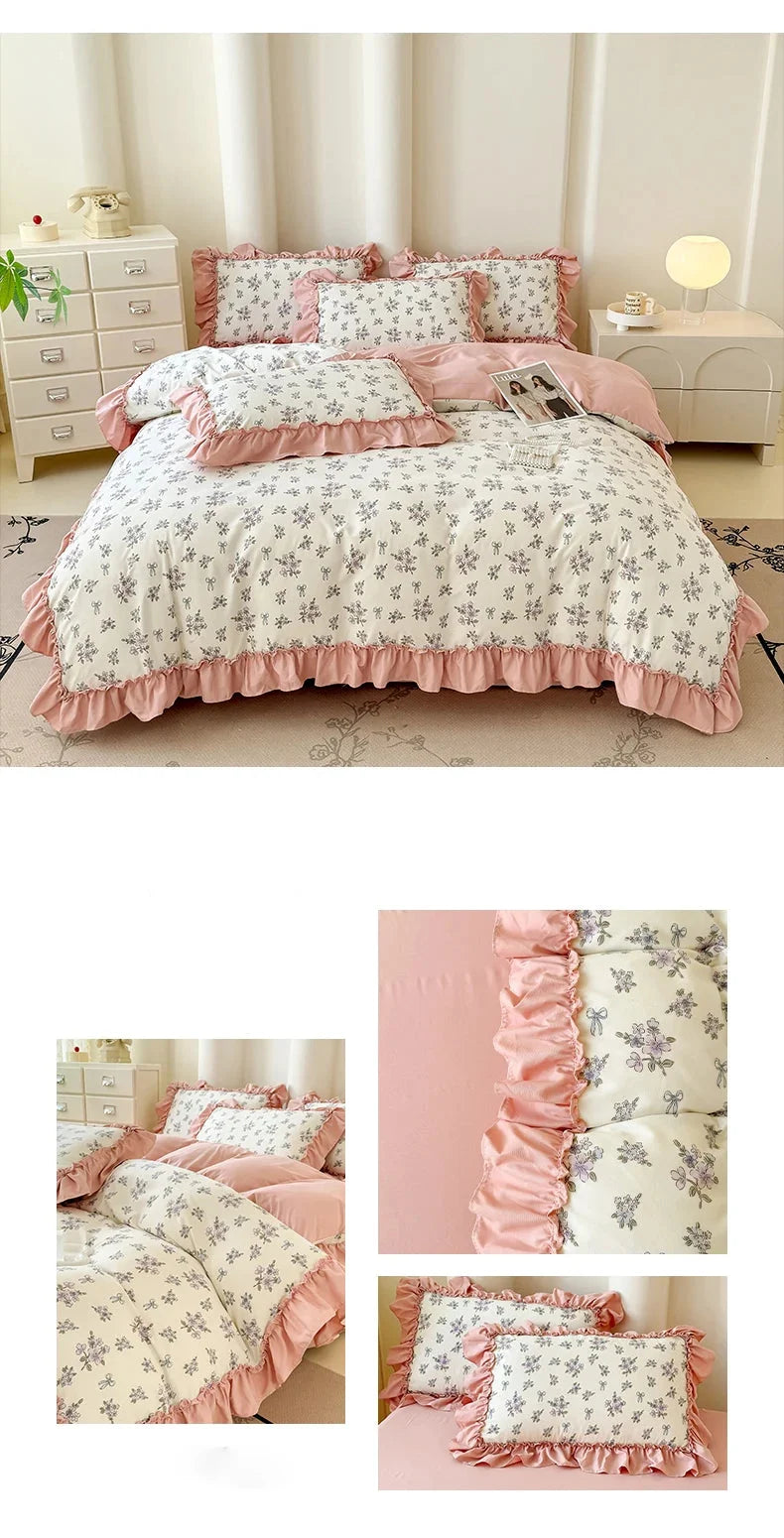 Koreanisches Bettwäsche-Set – Blumen Spitzenrüschen – Mikrofaser 200x230cm
