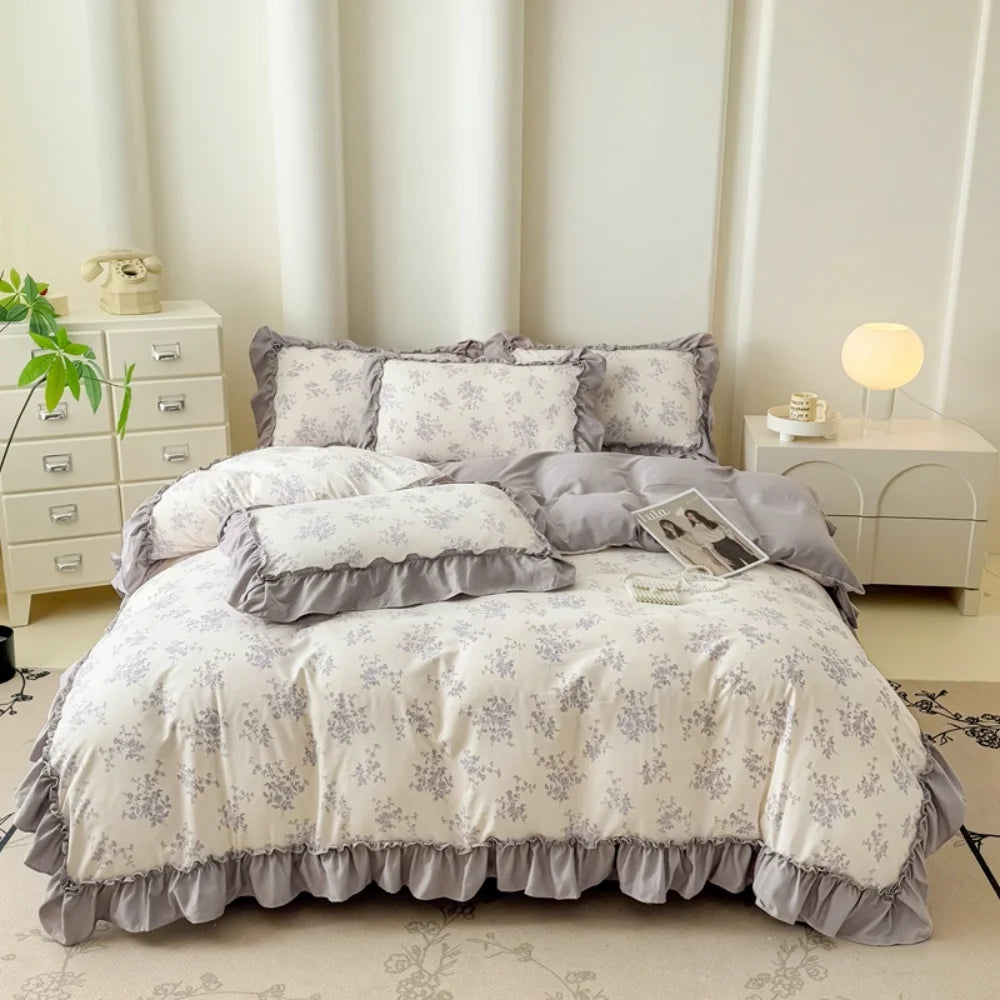 Koreanisches Bettwäsche-Set – Blumen Spitzenrüschen – Mikrofaser 200x230cm