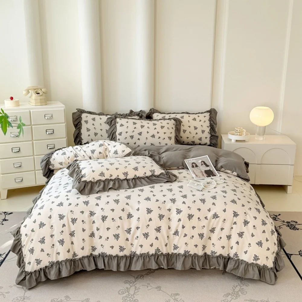 Koreanisches Bettwäsche-Set – Blumen Spitzenrüschen – Mikrofaser 200x230cm