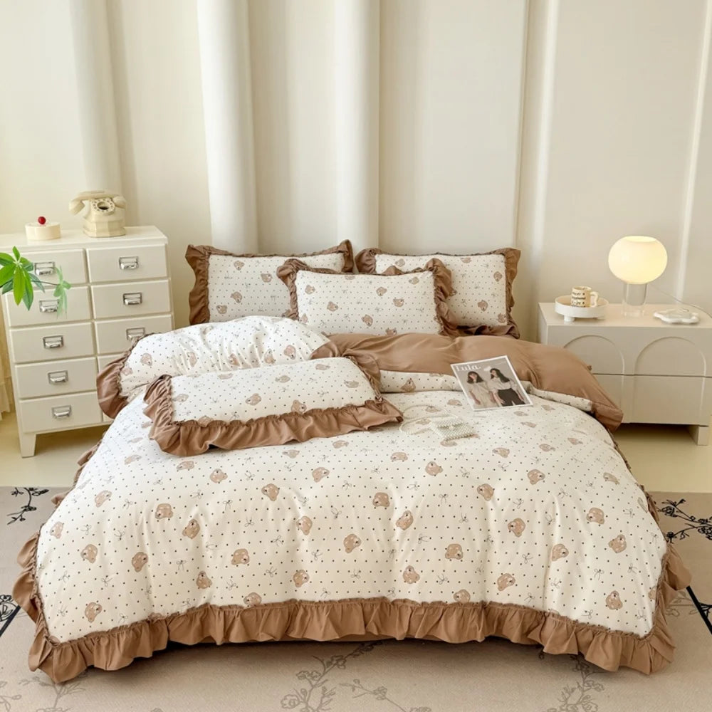 Koreanisches Bettwäsche-Set – Blumen Spitzenrüschen – Mikrofaser 200x230cm