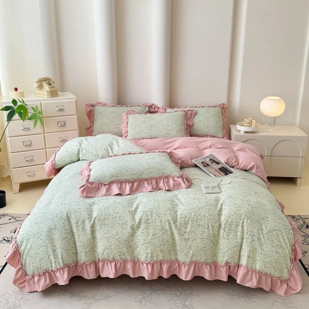 Koreanisches Bettwäsche-Set – Blumen Spitzenrüschen – Mikrofaser 200x230cm