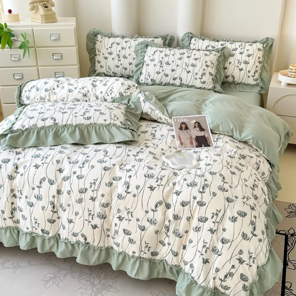 Koreanisches Bettwäsche-Set – Blumen Spitzenrüschen – Mikrofaser 200x230cm