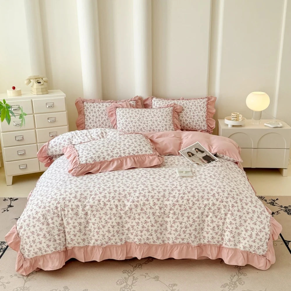 Koreanisches Bettwäsche-Set – Blumen Spitzenrüschen – Mikrofaser 200x230cm
