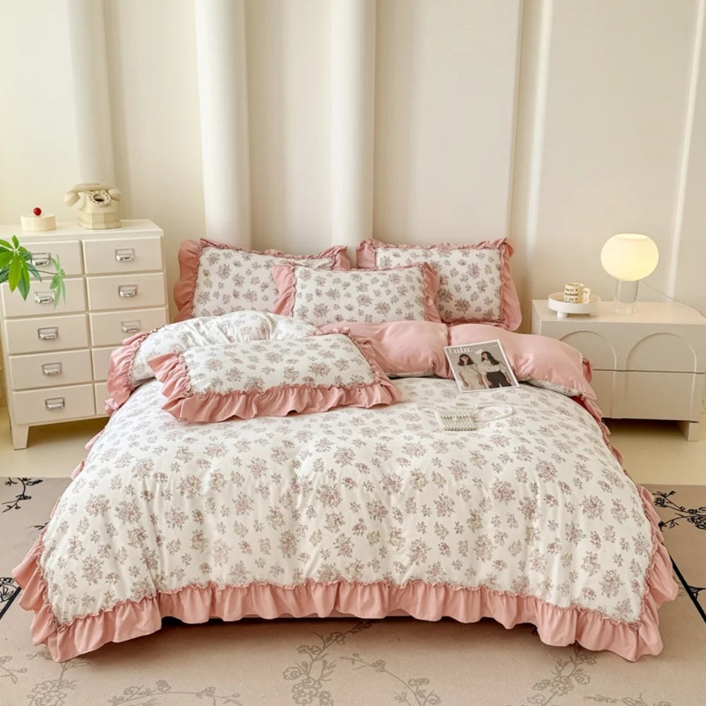 Koreanisches Bettwäsche-Set – Blumen Spitzenrüschen – Mikrofaser 200x230cm