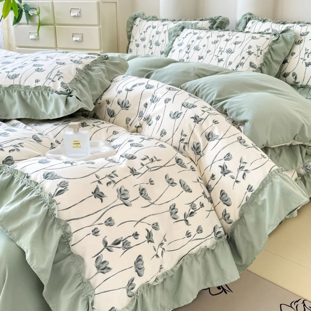 Koreanisches Bettwäsche-Set – Blumen Spitzenrüschen – Mikrofaser 200x230cm