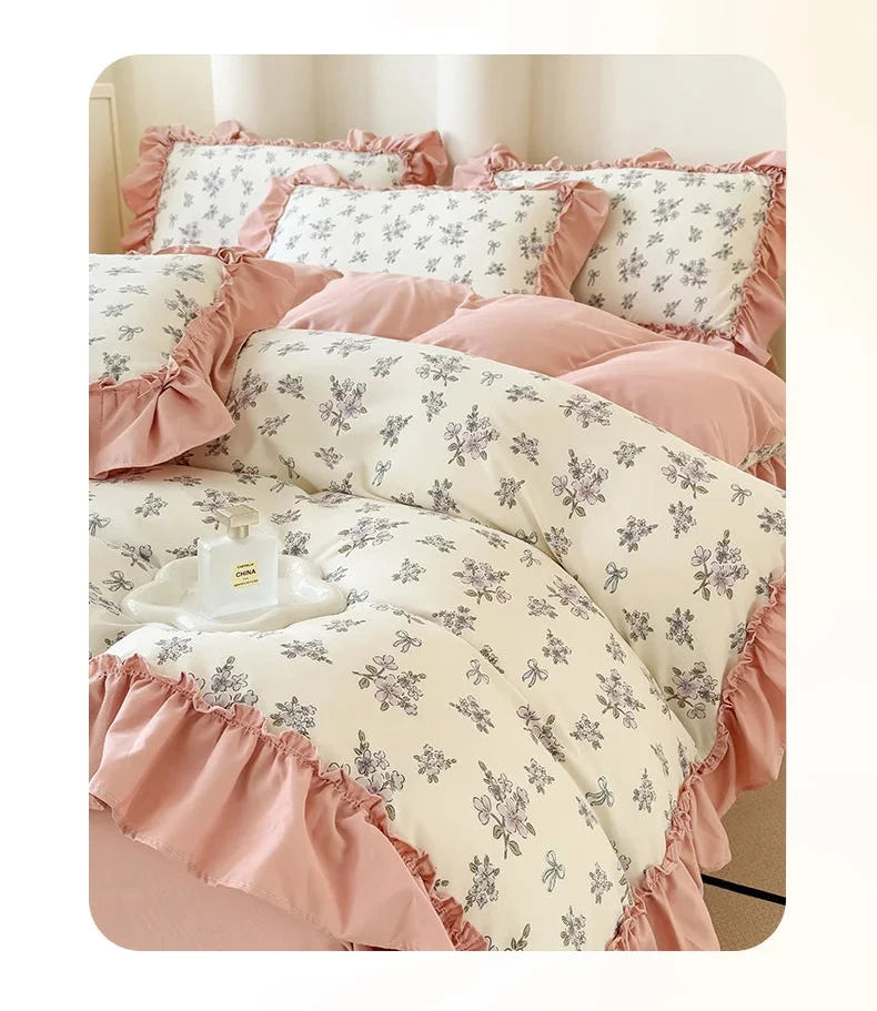 Koreanisches Bettwäsche-Set – Blumen Spitzenrüschen – Mikrofaser 200x230cm