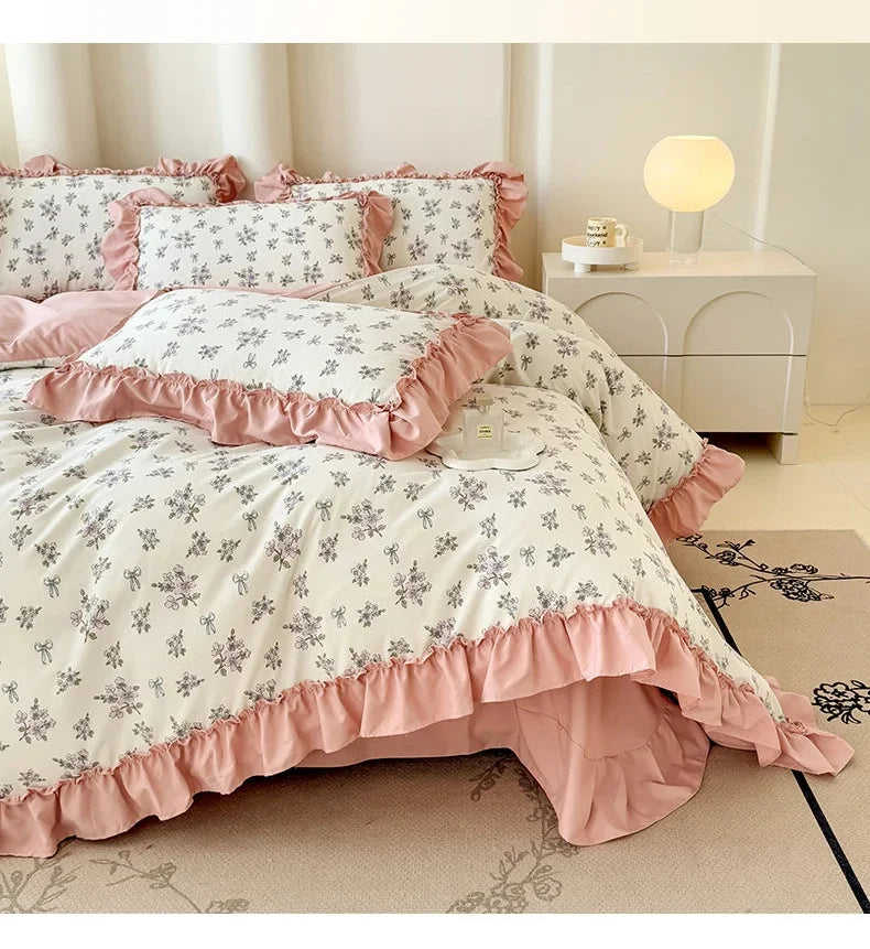 Koreanisches Bettwäsche-Set – Blumen Spitzenrüschen – Mikrofaser 200x230cm