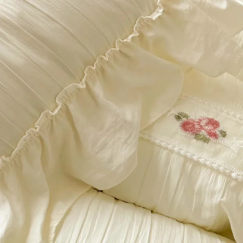 Koreanisches Prinzessin Bettwäsche Set aus Baumwolle, Farbe: Cremeweiss, Grösse: 200x230cm, geeignet für das Schlafzimmer