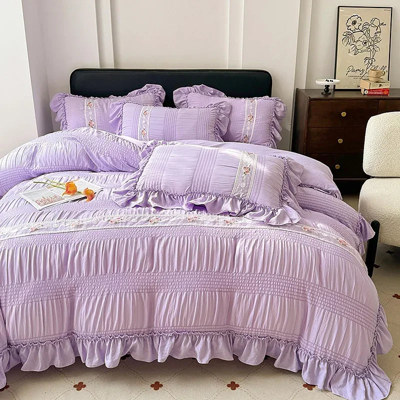 Koreanisches Prinzessin Bettwäsche Set aus Baumwolle, Farbe: Jade Pink, Grösse: 1.8m Bett 4Stück, Lakenart: Passendes Bettlaken