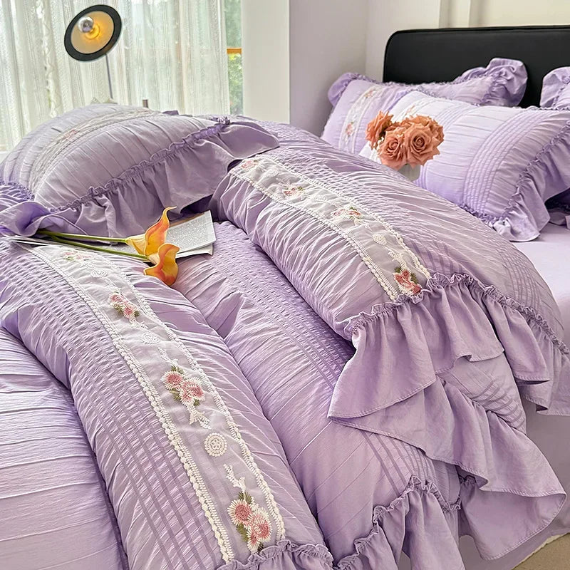 Koreanisches Prinzessin Bettwäsche Set aus Baumwolle, Farbe: Lila, Grösse: 1.8 m Bett 4Stück, für Schlafzimmer