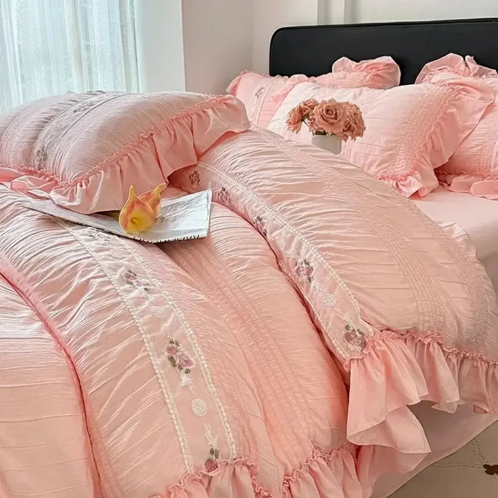 Koreanisches Prinzessin Bettwäsche Set aus Baumwolle, Farbe: Jade Pink, Grösse: 1.8m Bett 4Stück