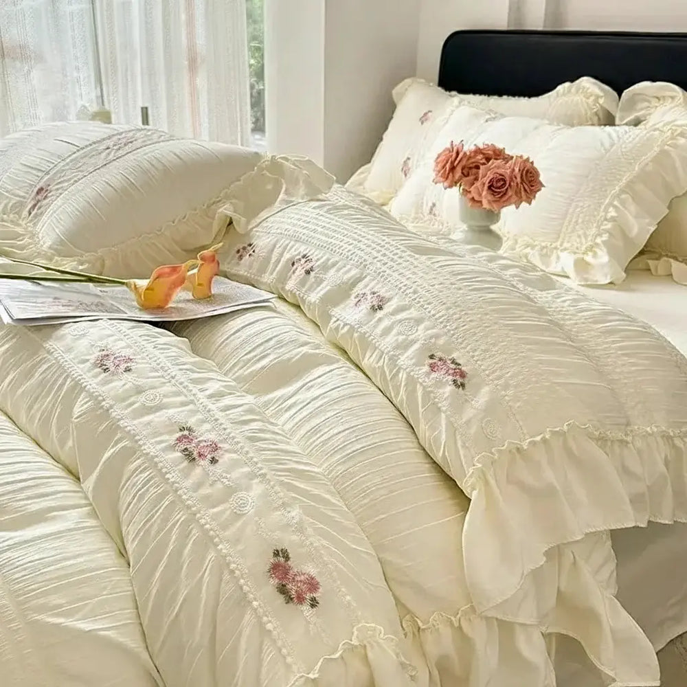 Koreanisches Prinzessin Bettwäsche Set aus Baumwolle in Jade Pink mit Rüschen, 200x230cm