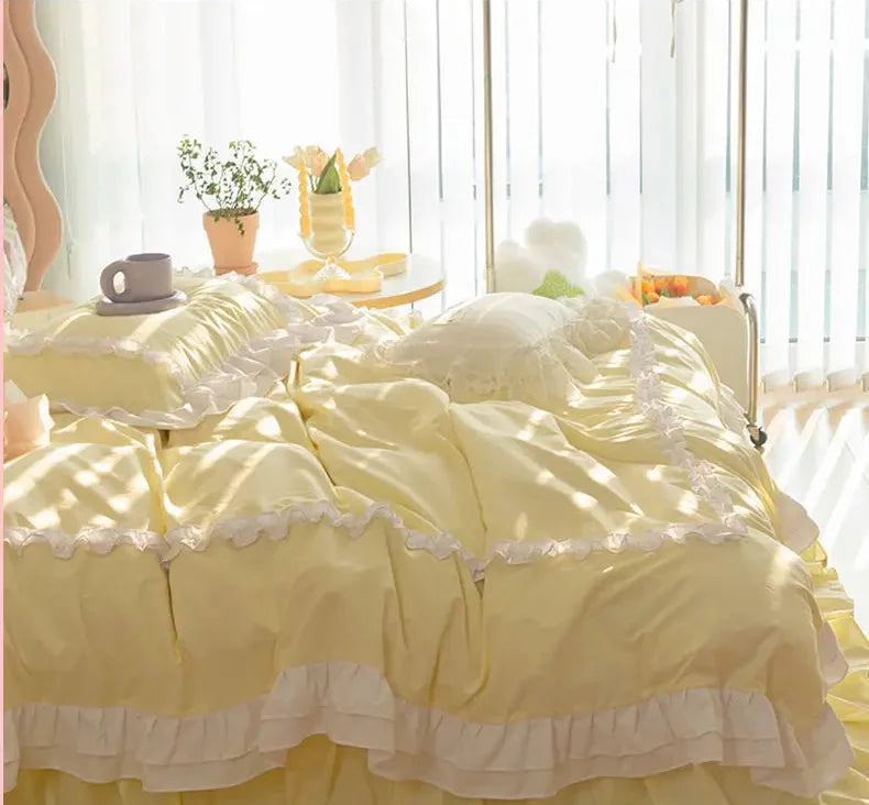 Koreanisches Prinzessinnen-Duvet in Gelb aus 100% Polyester für 1.8 m Bett mit Flachbettlaken