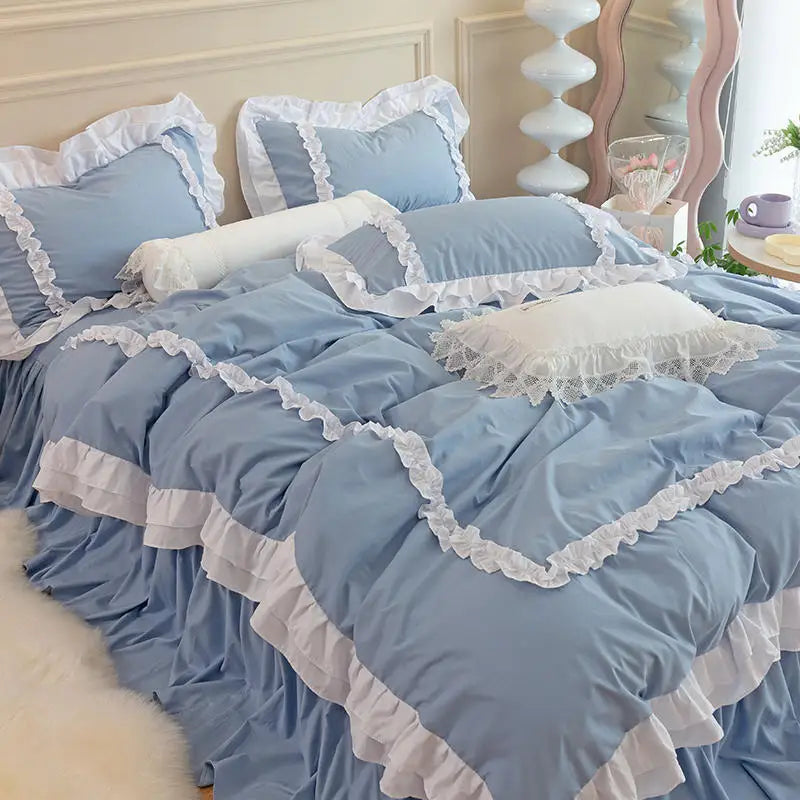 Koreanisches Prinzessinnen-Duvet Set, Farbe: Gelb, Grösse: für 1.8m Bett 4 Stück, mit flachem Bettlaken im modernen Stil
