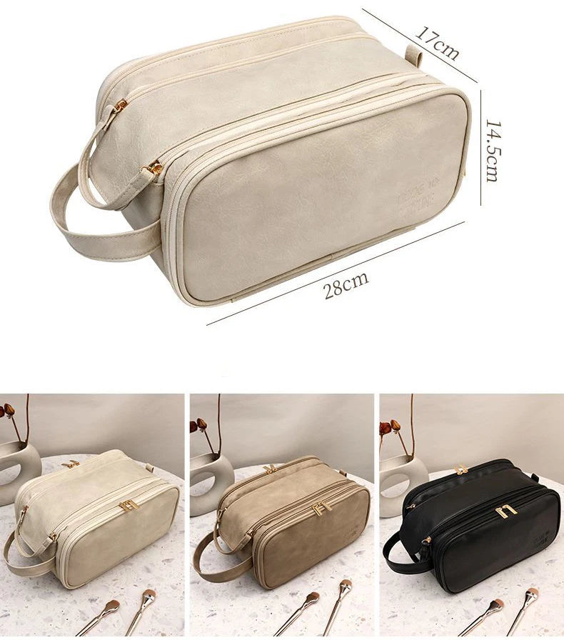 Kosmetiktasche – PU Leder, Doppel-Reissverschluss, Tragbar