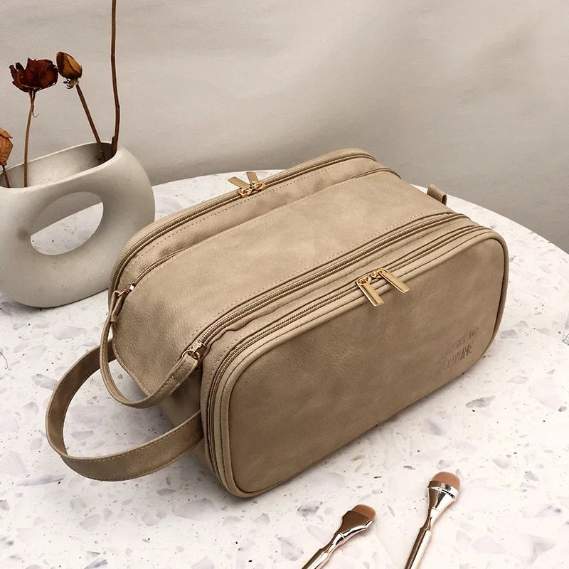 Kosmetiktasche – PU Leder, Doppel-Reissverschluss, Tragbar