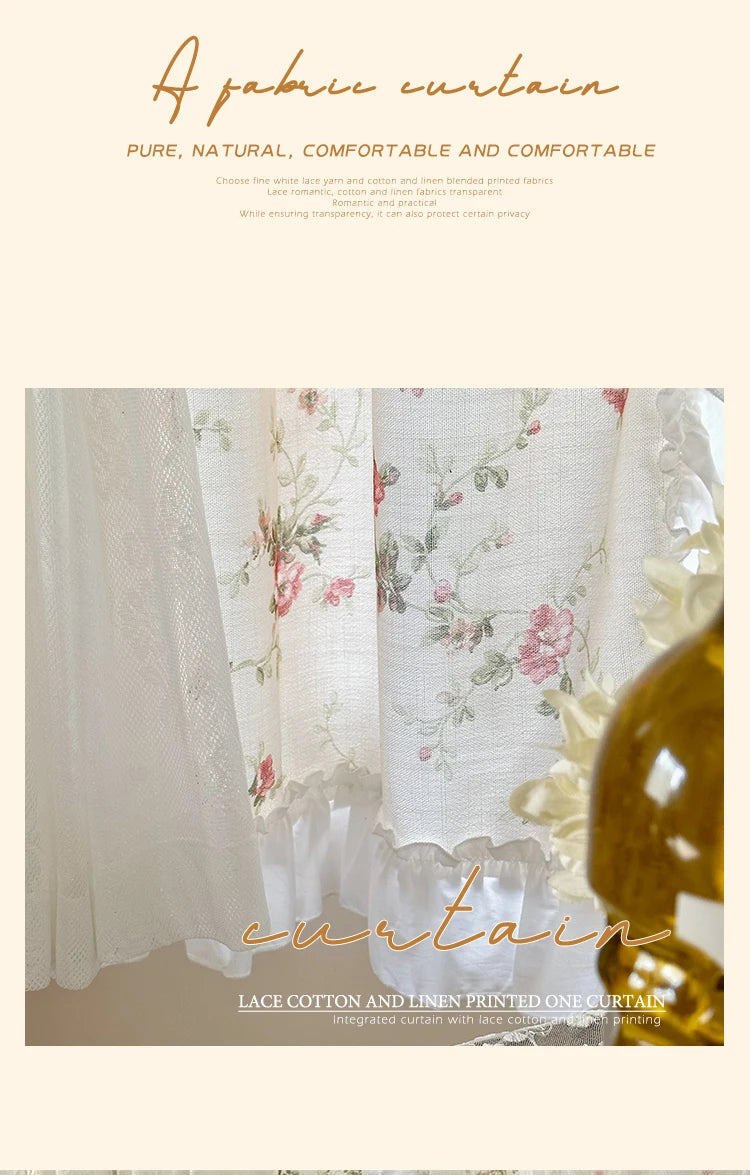 Weisse Baumwoll-Leinenvorhänge mit Blumenmuster und Rokoko-Spitze