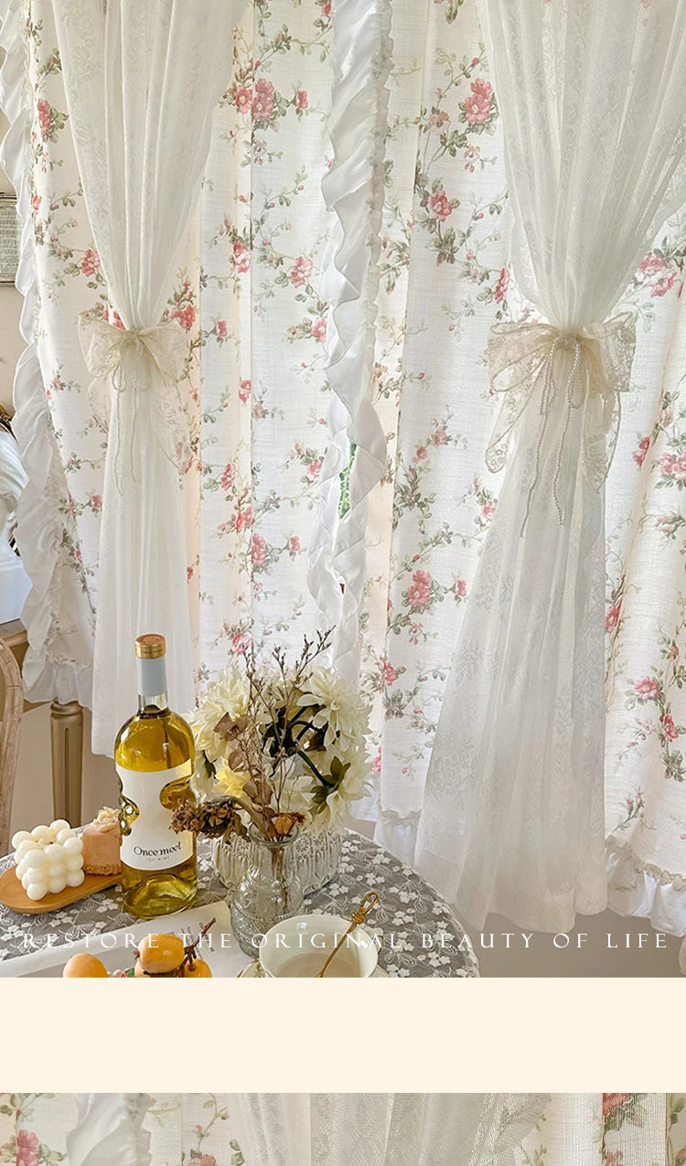 weisser Baumwoll-Leinenvorhang mit Blumendesign und Rokoko-Spitze, Grösse Breite140xHöhe120cm