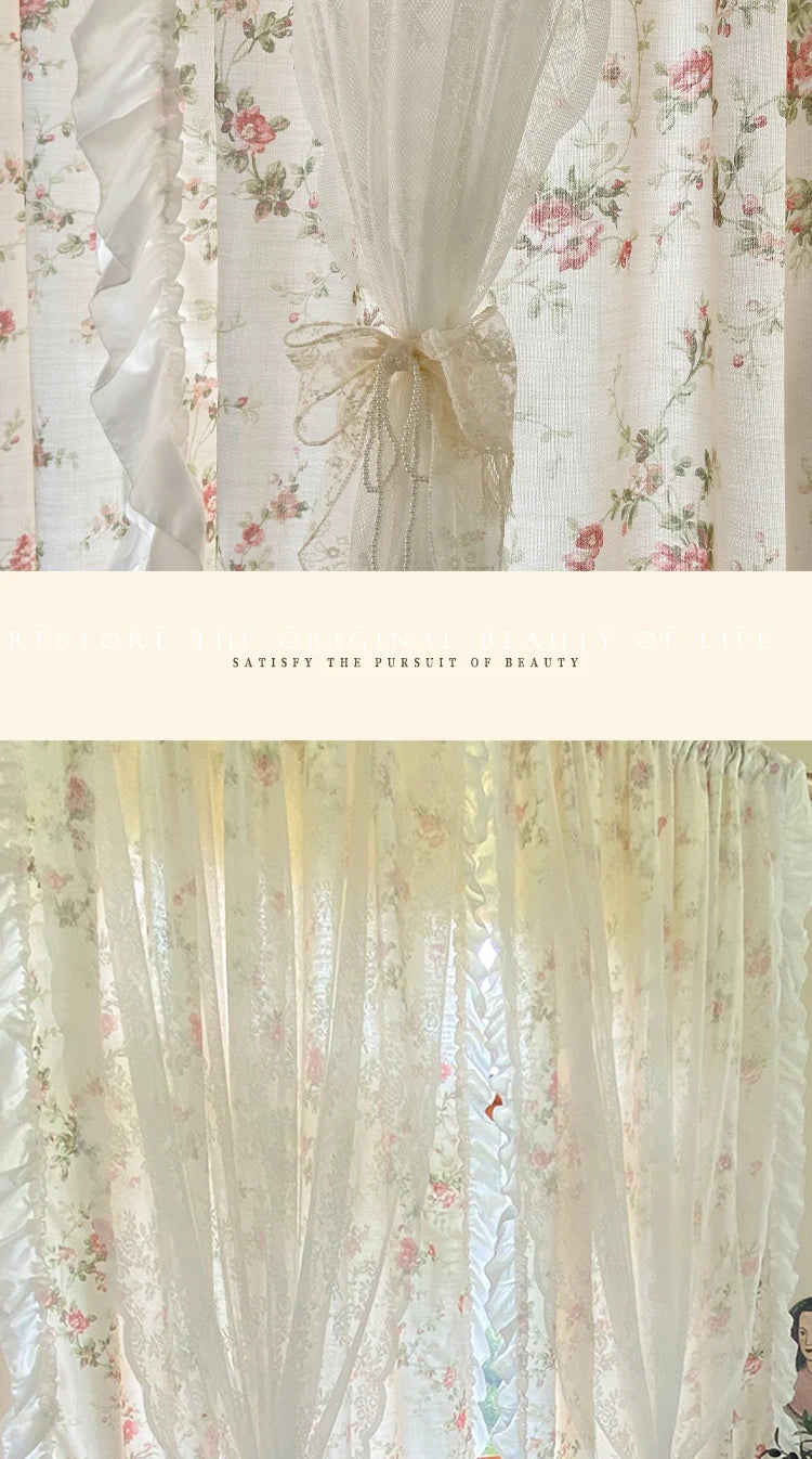 Weisser Baumwoll-Leinenvorhang mit Blumendesign und Rokoko-Spitze, Grösse Breite140xHöhe120cm