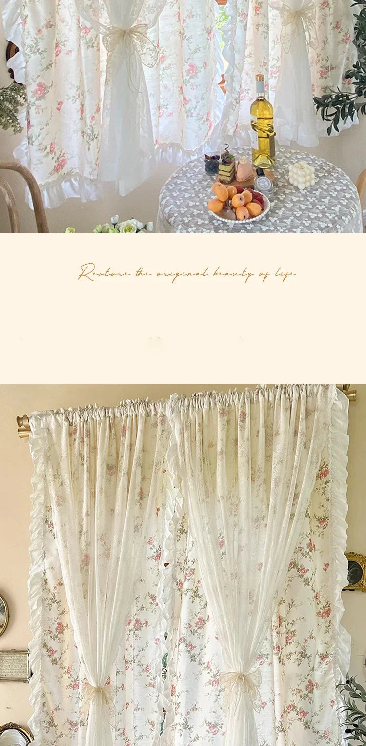 Weisse Küchengardinen aus Baumwolle-Leinen mit Blumenmuster in Breite140xHöhe120cm