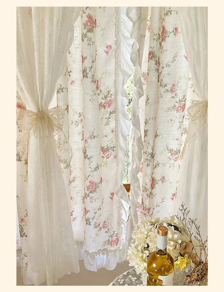 Weisse Küchengardinen aus Baumwolle-Leinen mit Blumendesign, Rokoko-Spitze und Haken, Grösse: Breite 280xHöhe 270cm