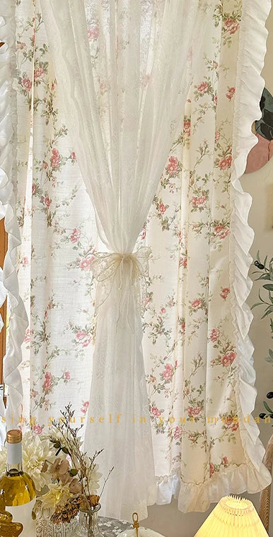 Weisser Baumwolle-Leinen Vorhang mit Blumendesign und Rokoko-Spitze, Grösse Breite140xHöhe120cm, für Zuhause oder Cafe, Verarbeitung mit Stangentasche