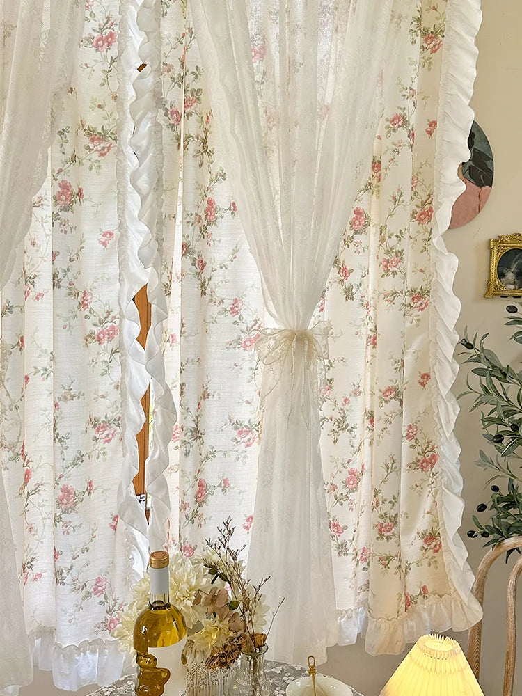 Küchengardinen aus Baumwolle-Leinen mit Blumenmuster, Farbe: Weiss, Grösse: Breite140xHöhe120cm, Verarbeitung: Stangentasche