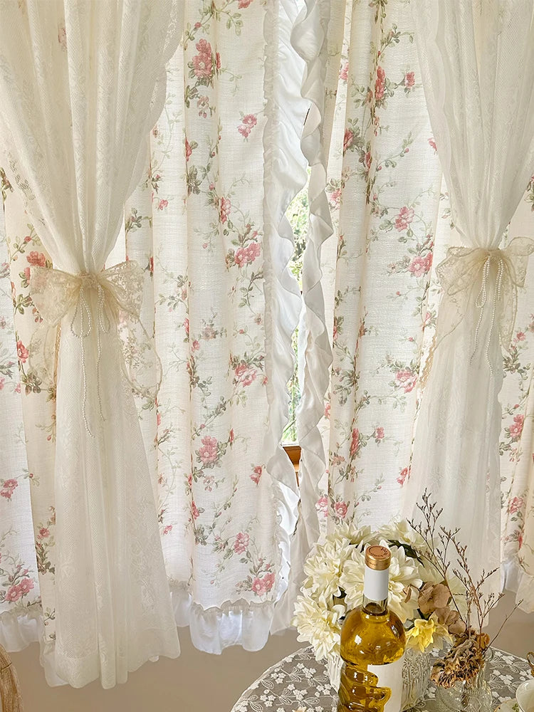 weisser, zweilagiger vorhang aus baumwolle-leinen mit blumen und spitze in japanisch-koreanischem stil, grösse: breite140xhöhe150cm