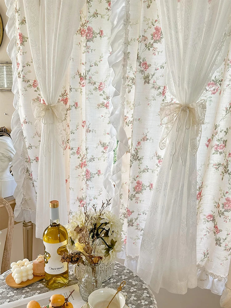 weisser baumwoll-leinenvorhang mit blumendruck und rokoko-spitze, grösse: breite 140xhöhe 120cm, stangentasche, im japanisch-koreanischen stil