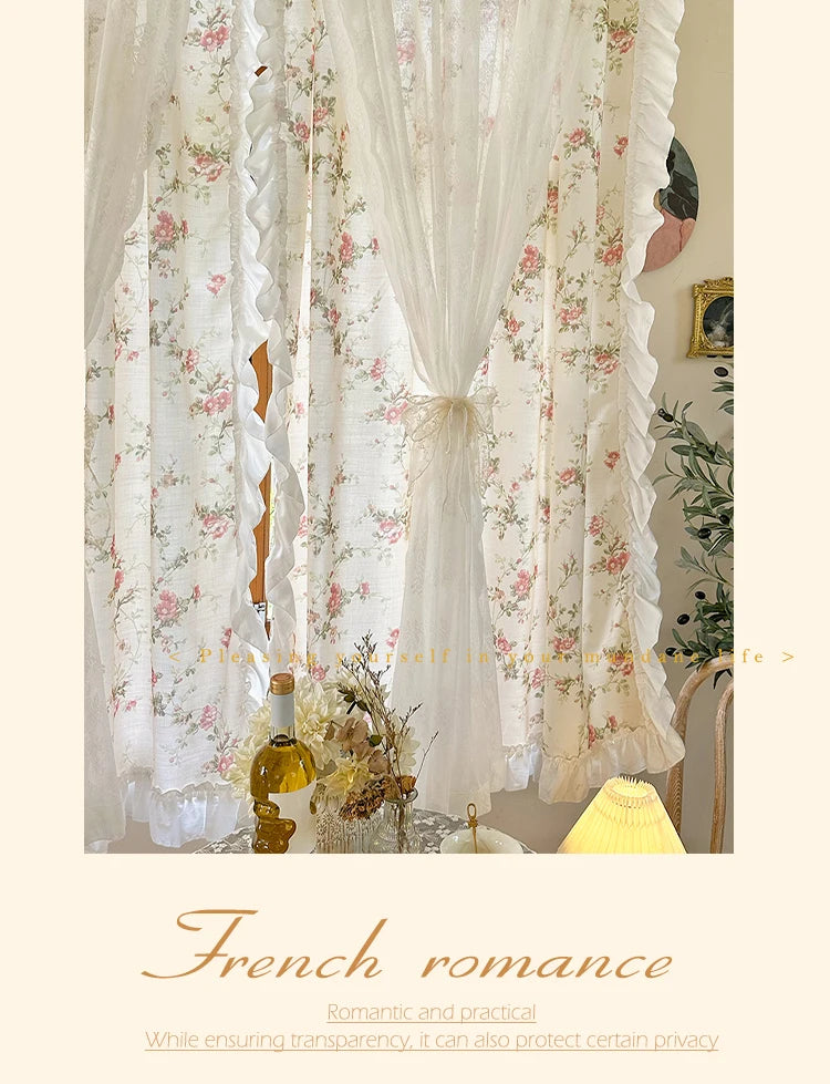 weisse baumwolle-leinen küchengardinen mit blumenmuster und rokoko-spitze, grösse: breite140xhöhe120cm