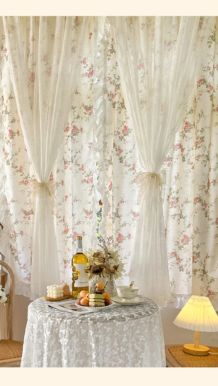 Weisser Baumwoll-Leinen Vorhang mit Blumenmuster und Rokoko-Spitze für Flachfenster