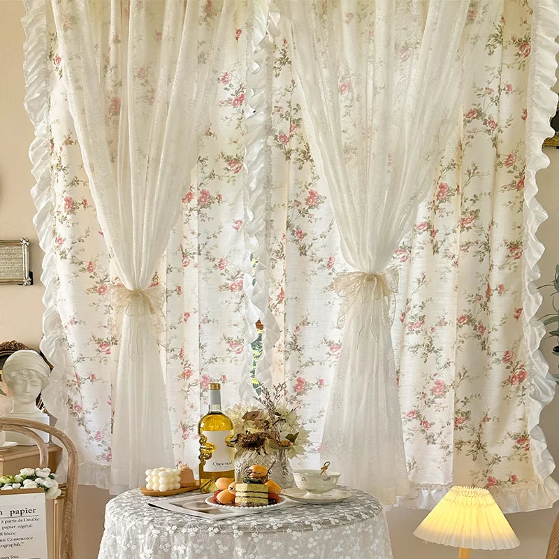 Weisse Küchengardinen aus Baumwolle-Leinen mit Blumendesign, Grösse Breite140xHöhe120cm, Verarbeitung: Stangentasche