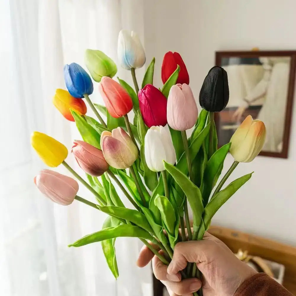 Künstliche PU Tulpen in mehrfarbigen Varianten, 34cm hoch, 10 Stück