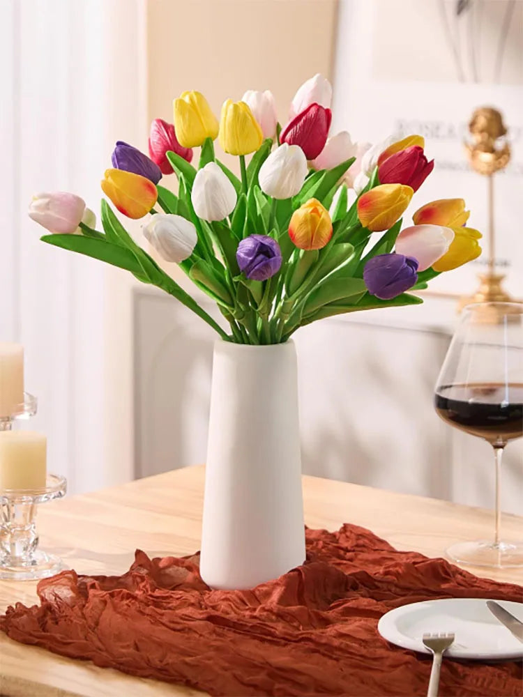 Künstliche PU Tulpen in mehrfarbig, 34cm hoch, 10 Stück, elegant und realistisch