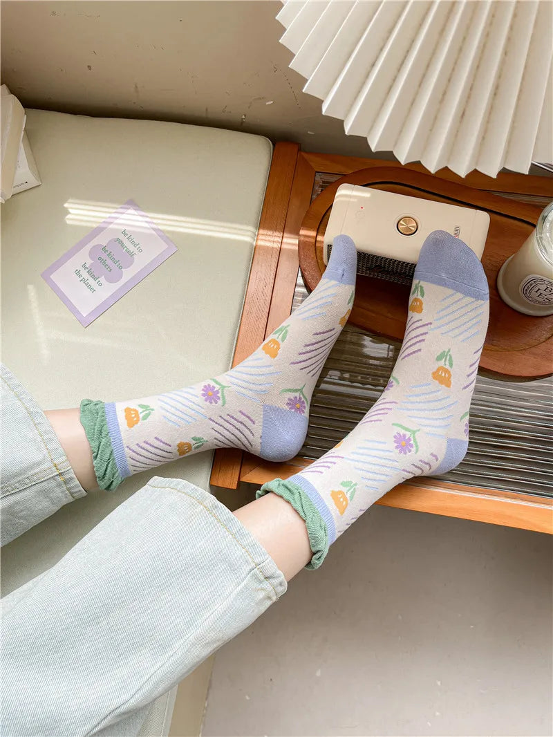 Lange Baumwollsocken – Harajuku-Blumenmuster