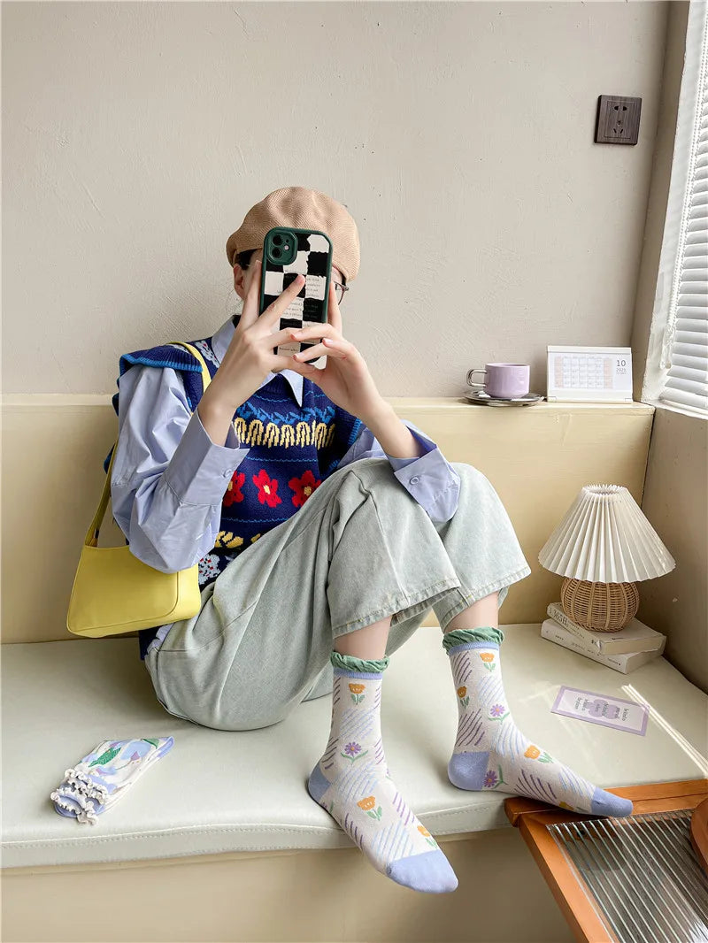 Lange Baumwollsocken – Harajuku-Blumenmuster