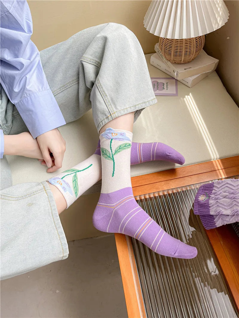Lange Baumwollsocken – Harajuku-Blumenmuster